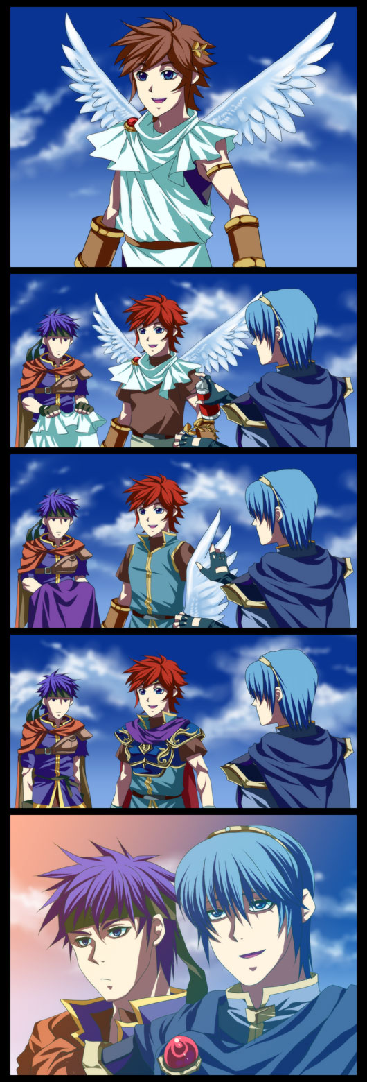 blue_hair brown_hair cape comic cosplay fire_emblem fire_emblem:_fuuin_no_tsurugi fire_emblem:_mystery_of_the_emblem fire_emblem:_path_of_radiance fire_emblem:_souen_no_kiseki fire_emblem_fuuin_no_tsurugi gloves headband highres ike kid_icarus marth nintendo pit red_hair redhead roy silent_comic smile super_smash_bros. tiara wings
