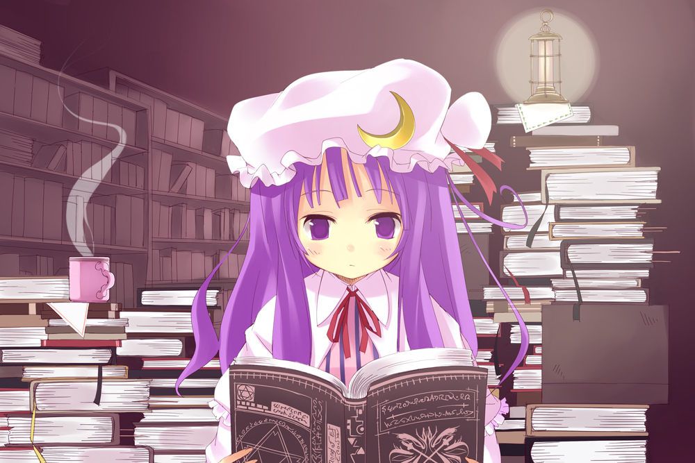 amaa_(chou_dennou_jidai) bad_id book crescent cup hat lantern library long_hair mug patchouli_knowledge purple_eyes purple_hair solo touhou violet_eyes voile