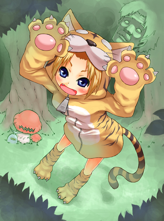 bad_id berserker_(class) blonde_hair blue_eyes blush exdeath fang fangs final_fantasy final_fantasy_v forest galuf_halm_baldesion kanryuusai_sensei krile_mayer_baldesion moss_fungus mushroom nature paws short_hair tail takeda_kanryuusai tiger_costume tiger_print tiger_tail tree zipper