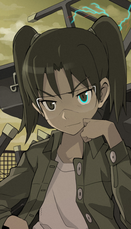 armcho black_hair brown_eyes brown_hair dennou_coil geass glasses glowing_eye jacket just_as_planned solo twintails