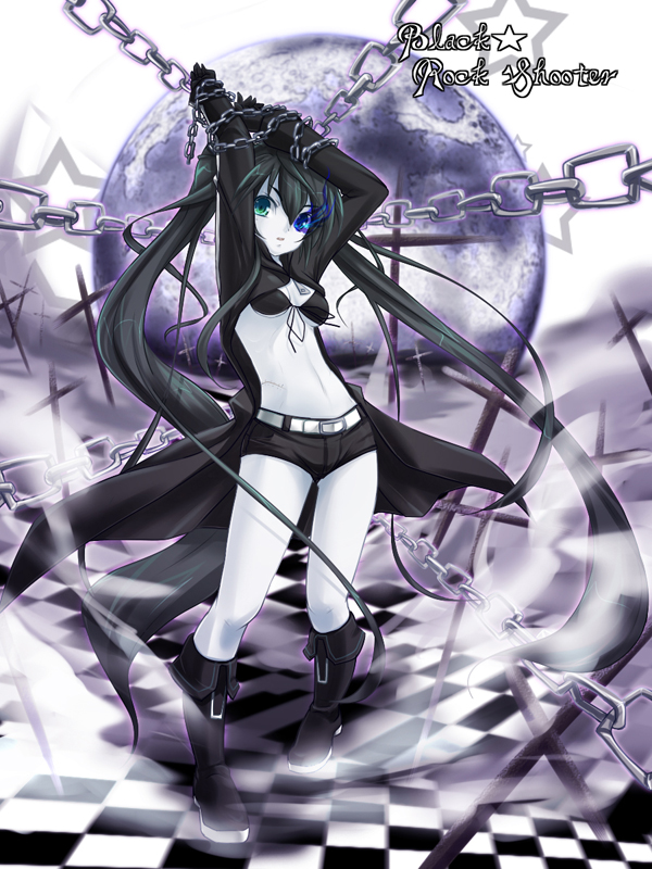 bdsm belt bikini_top black_hair black_rock_shooter black_rock_shooter_(character) bondage boots chain chains checkered cross denim denim_shorts fog front-tie_top gloves glowing glowing_eyes heterochromia hood jacket knee_boots long_hair midriff moon pale_skin scar shoes short_shorts shorts solo standing star twintails uneven_twintails very_long_hair yukinon