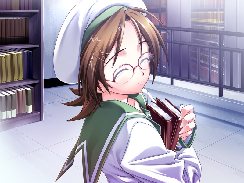 book brown_hair game_cg glasses hat honma_maino library school_uniform short_hair smile tenkuu_no_yumina