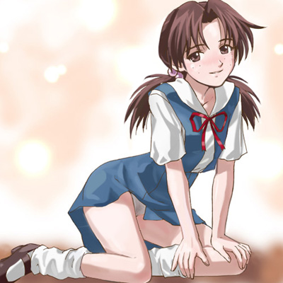 1girl brown_eyes brown_hair freckles hair_bobbles hair_ornament haruyama horaki_hikari kneeling long_hair loose_socks lowres neon_genesis_evangelion panties pantyshot school_uniform smile socks solo twintails underwear white_panties