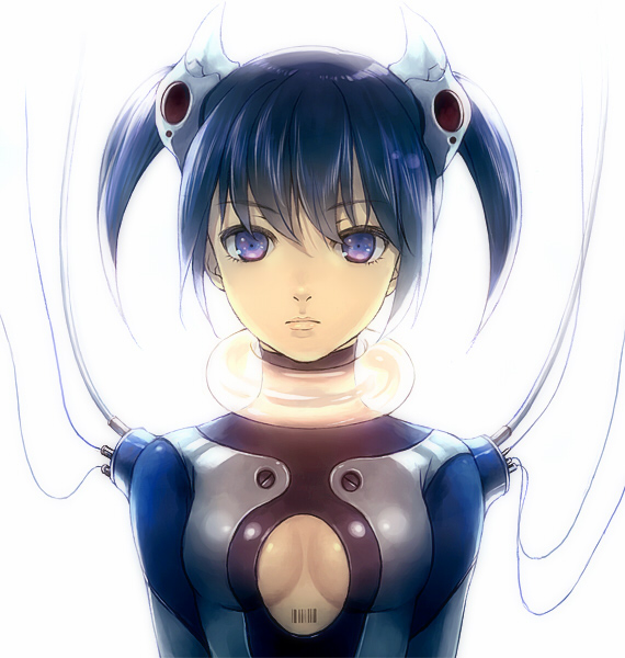 bad_id barcode blue_eyes blue_hair breasts cable choker cleavage cleavage_cutout original recharging ryou_(kimagure) ryou_(pixiv47138) short_hair short_twintails twintails wires