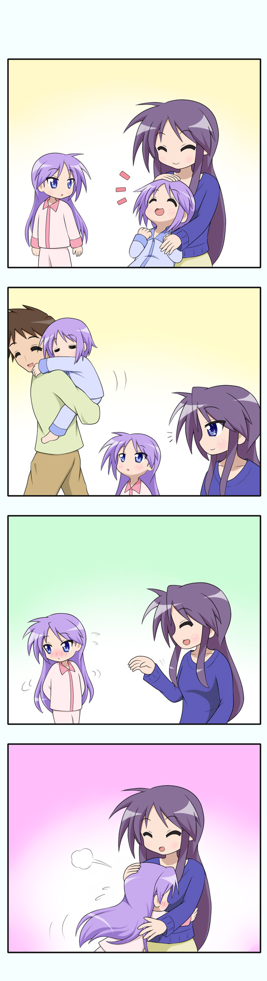 blush child comic family highres hiiragi_kagami hiiragi_miki hiiragi_tadao hiiragi_tsukasa hug lucky_star pajamas qwer silent_comic young