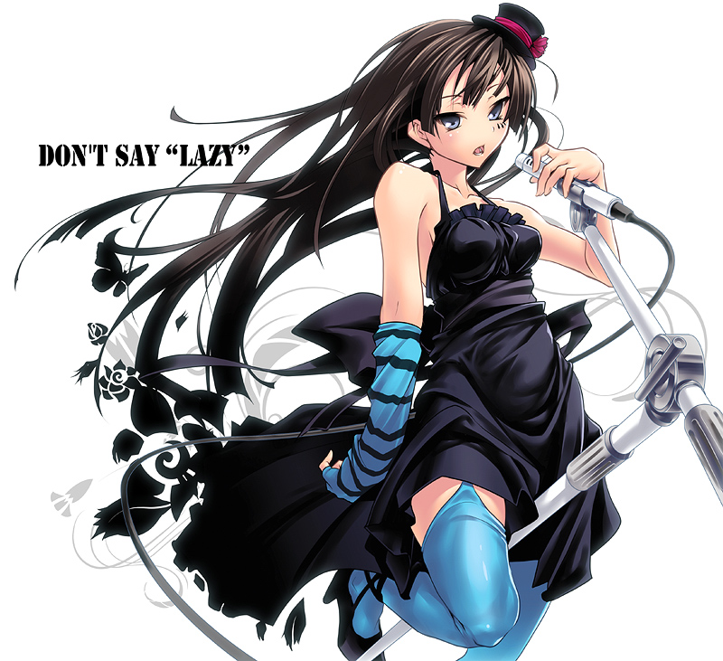 1girl akiyama_mio bangs blunt_bangs blush brown_hair detached_sleeves don't_say_"lazy" don't_say_lazy dress grey_eyes hat high_heels hime_cut k-on! long_hair microphone microphone_stand mini_top_hat nilitsu shoes silver_eyes solo thigh-highs thighhighs top_hat