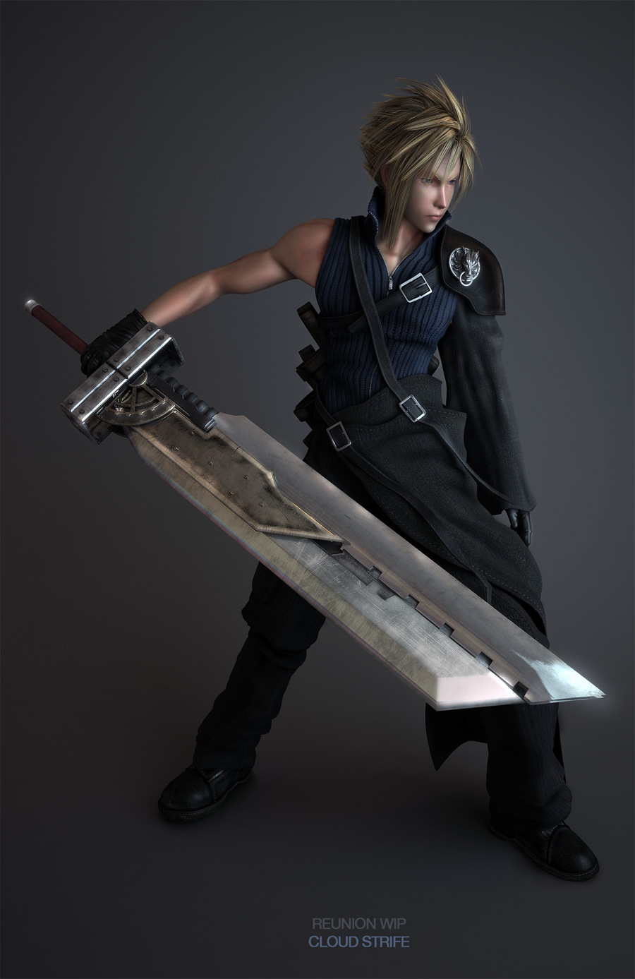 blonde_hair cloud_strife final_fantasy final_fantasy_vii final_fantasy_vii_advent_children fusion_swords gloves highres huge_sword huge_weapon male scarf solo sword weapon wen_jr