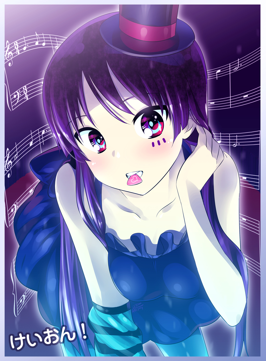 1girl akiyama_mio bangs black_hair blue_legwear blunt_bangs blush don't_say_"lazy" don't_say_lazy dress face face_paint facepaint gothic_lolita guitar_pick hat highres hime_cut k-on! making_of mini_top_hat mouth_hold musical_note pantyhose plectrum solo striped thai top_hat zpolice