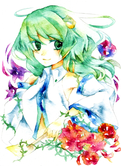 flower green_eyes green_hair kochiya_sanae legomaru long_hair touhou traditional_media watercolor_(medium)