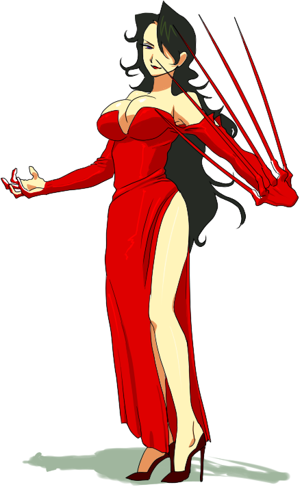 breasts cleavage detached_sleeves dress fullmetal_alchemist gloves hair_over_one_eye high_heels high_slit homunculus lipstick long_hair long_nails lust red_dress rokka_(gipsyroad) shoes side_slit solo thighs wavy_hair