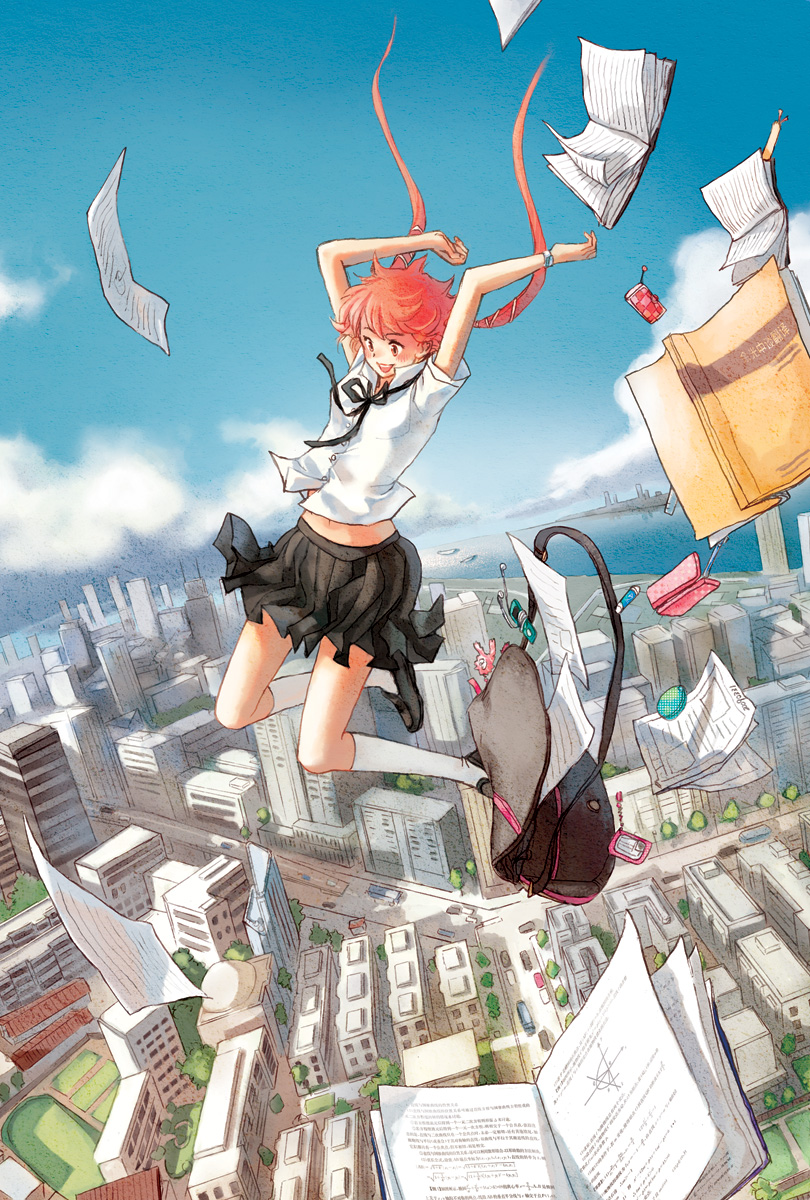 book cityscape falling flying_paper highres jumping midair orange_hair original paper red_hair redhead scenery school_uniform selina short_hair skirt sky socks twintails