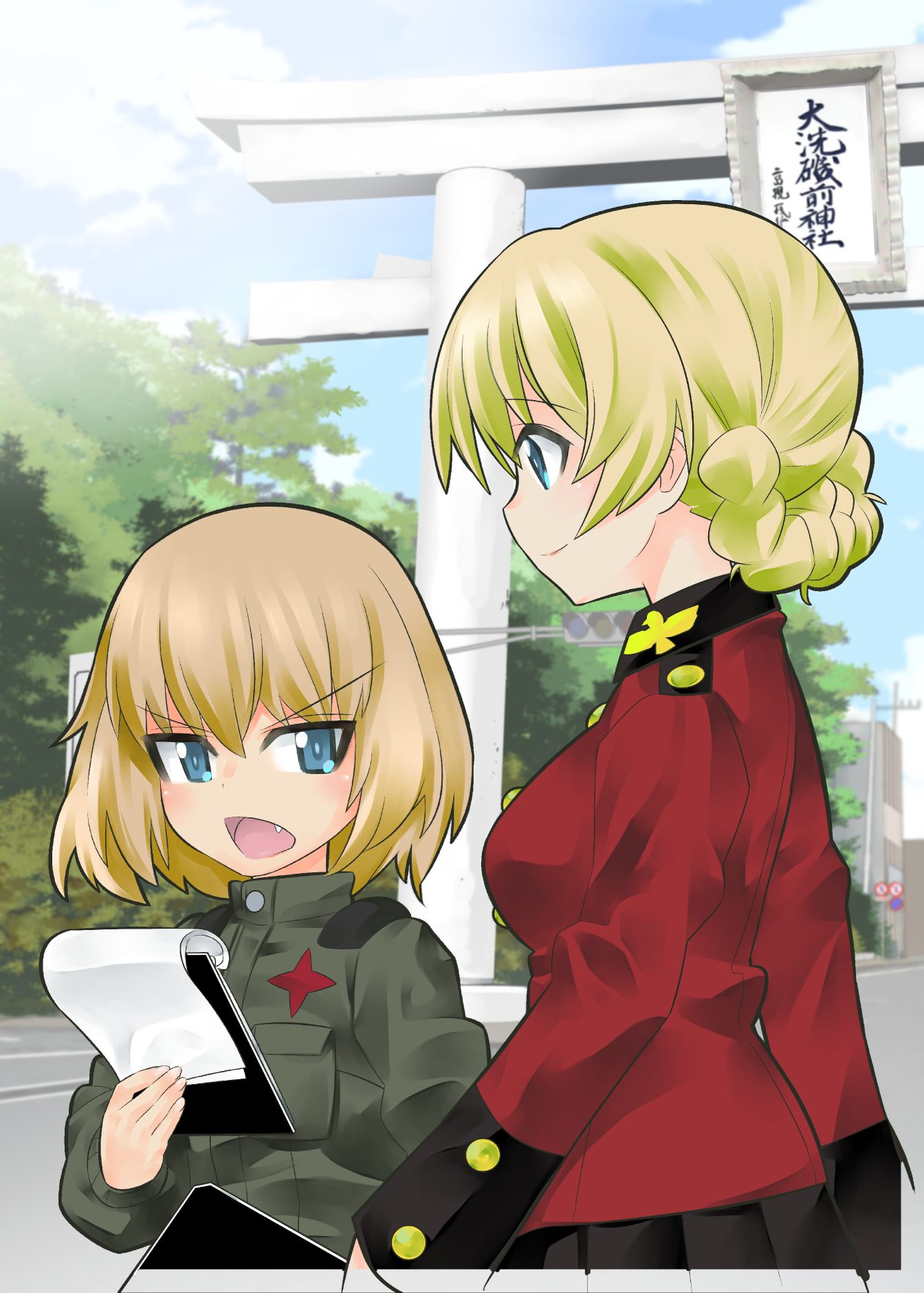 2girls bangs black_skirt blonde_hair blue_eyes blurry blurry_background braid clipboard closed_mouth darjeeling day emblem epaulettes eyebrows_visible_through_hair fang from_side frown girls_und_panzer green_jumpsuit highres holding inou_takashi jacket katyusha long_sleeves looking_back military military_uniform multiple_girls open_mouth outdoors pleated_skirt pravda_military_uniform red_jacket short_hair short_jumpsuit skirt sky smile st._gloriana's_military_uniform standing tied_hair torii traffic_light translation_request tree twin_braids uniform v-shaped_eyebrows