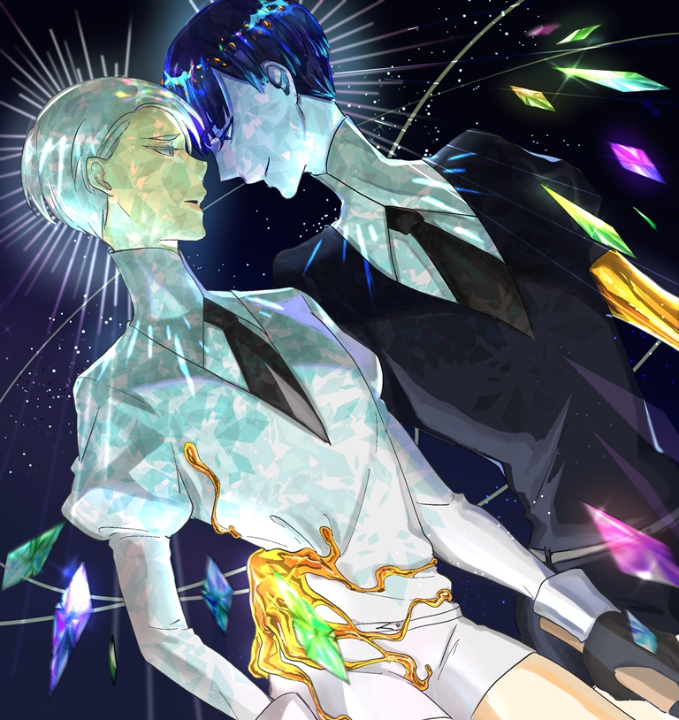 androgynous bangs blue_eyes blue_hair blunt_bangs cairngorm_(houseki_no_kuni) face-to-face gem gem_uniform_(houseki_no_kuni) gloves golden_arms houseki_no_kuni looking_at_another necktie phosphophyllite phosphophyllite_(ll) smile spoilers white_eyes white_hair