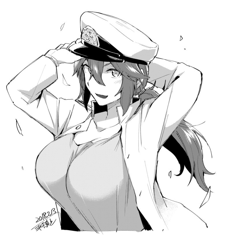 1girl 2018 adjusting_clothes adjusting_hat artist_name breasts commentary_request dated female_admiral_(kantai_collection) gloves greyscale hair_between_eyes hair_tie hat ikeshita_moyuko jacket kantai_collection large_breasts long_hair looking_at_viewer monochrome open_mouth peaked_cap ponytail shiomi_kaoru sidelocks smile solo