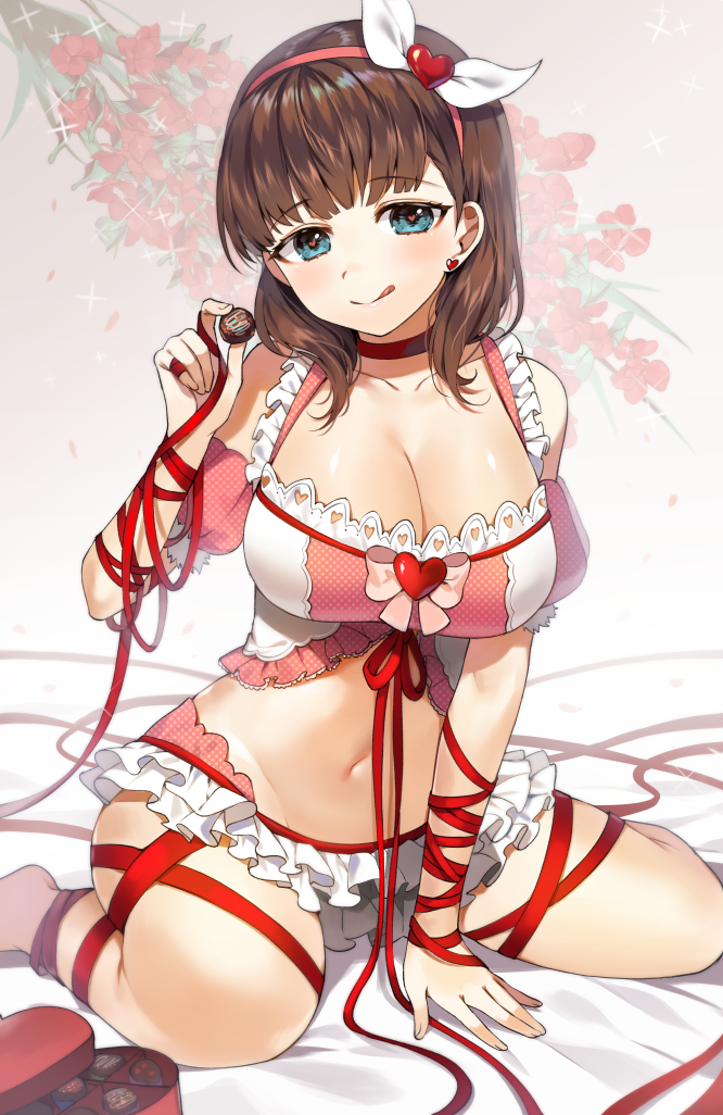 1girl :q bangs bare_shoulders barefoot blue_eyes blush box_of_chocolates breasts brown_hair chocolate choker cleavage collarbone commentary_request detached_sleeves earrings eyebrows_visible_through_hair fingernails floral_background flower food frilled_skirt frills gijang gradient gradient_background grey_background groin hair_ribbon hairband heart heart-shaped_pupils heart_earrings holding holding_food idolmaster idolmaster_cinderella_girls jewelry large_breasts looking_at_viewer medium_hair microskirt navel pink_hairband pink_ribbon pink_tank_top polka_dot puffy_short_sleeves puffy_sleeves red_choker red_flower red_ribbon ribbon sakuma_mayu shiny shiny_hair shiny_skin short_sleeves sitting skirt smile solo sparkle stud_earrings symbol-shaped_pupils tank_top tongue tongue_out wariza white_ribbon white_skirt white_tank_top