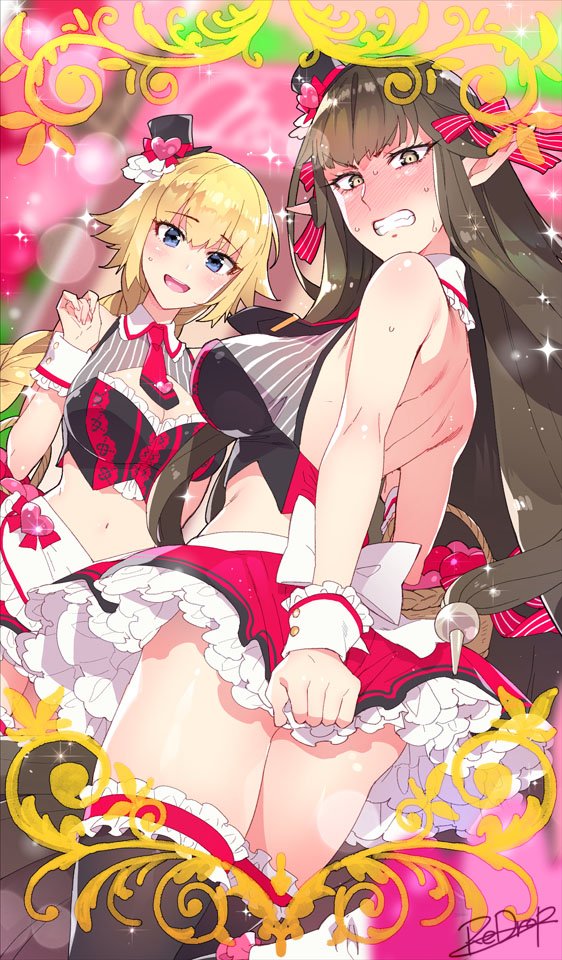 2girls artist_name black_hair blonde_hair blush breasts cleavage commentary craft_essence embarrassed fate/apocrypha fate/grand_order fate_(series) jeanne_d'arc_(fate) jeanne_d'arc_(fate)_(all) large_breasts long_hair miniskirt multiple_girls pointy_ears redrop semiramis_(fate) skirt street_choco-maid