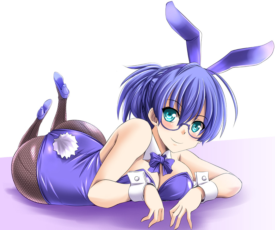 1girl animal_ears aqua_eyes ass bangs bare_shoulders blue_hair blush bow bowtie breasts bunny_girl bunny_tail bunnysuit cleavage commentary_request detached_sleeves eyebrows_visible_through_hair fake_animal_ears fishnet_pantyhose fishnets glasses high_heels looking_at_viewer lying medium_breasts on_stomach original pantyhose rabbit_ears short_hair simple_background smile solo tail tonpuu wrist_cuffs