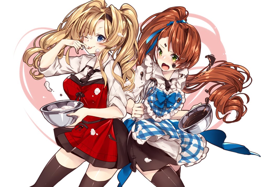 218 2girls ;p apron bangs beatrix_(granblue_fantasy) black_legwear black_skirt blonde_hair blue_apron blue_eyes blush bowl brown_hair chocolate chocolate_on_face closed_mouth collared_shirt commentary_request cream cream_on_face eyebrows_visible_through_hair food food_on_face granblue_fantasy green_eyes heart holding holding_bowl long_hair mixing_bowl multiple_girls nose_blush one_eye_closed plaid plaid_apron red_apron shirt side_ponytail skirt sleeves_rolled_up smile thigh-highs tongue tongue_out twintails very_long_hair white_background white_shirt zeta_(granblue_fantasy)