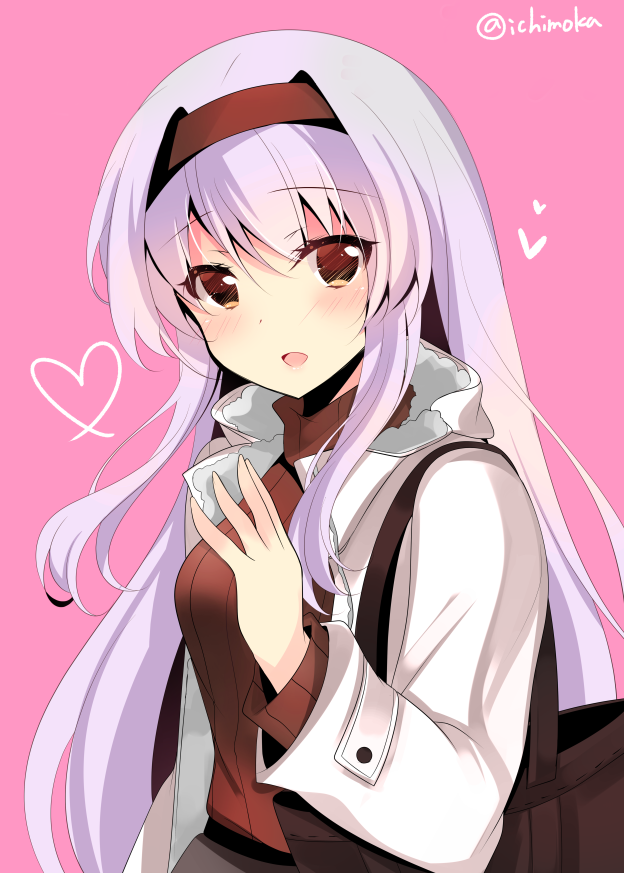 1girl bag bangs blush breasts casual closed_eyes coat hairband hand_up heart ichiyou_moka kantai_collection long_hair long_sleeves looking_at_viewer medium_breasts open_clothes open_coat pink_background red_hairband red_sweater shoukaku_(kantai_collection) sidelocks silver_hair simple_background solo straight_hair sweater tareme turtleneck turtleneck_sweater twitter_username upper_body very_long_hair white-coat