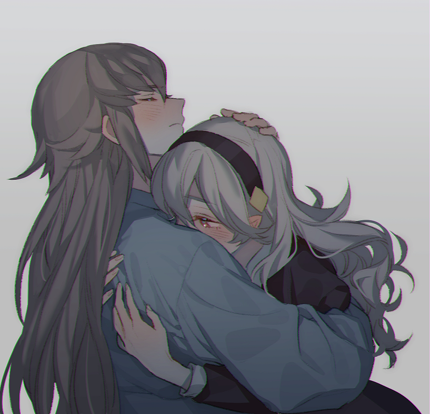 1boy 1girl blush closed_eyes closed_mouth couple female_my_unit_(fire_emblem_if) fire_emblem fire_emblem_if from_side grey_background grey_hair hairband hand_on_another's_head hands_on_another's_back hetero hug japanese_clothes long_sleeves mamkute my_unit_(fire_emblem_if) pointy_ears profile red_eyes simple_background takumi_(fire_emblem_if) upper_body white_background white_hair zuizi