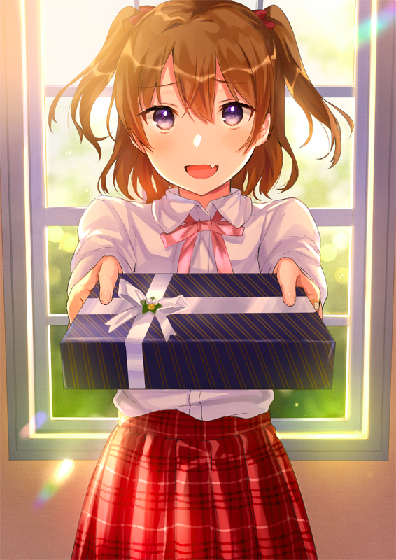 1girl bandaid blue_eyes box day fang gift gift_box giving hair_ribbon indoors lens_flare long_sleeves looking_at_viewer open_mouth original outstretched_arms pink_ribbon plaid plaid_skirt red_skirt redhead ribbon school_uniform shirt short_hair skirt solo tan_(tangent) two_side_up valentine white_shirt window