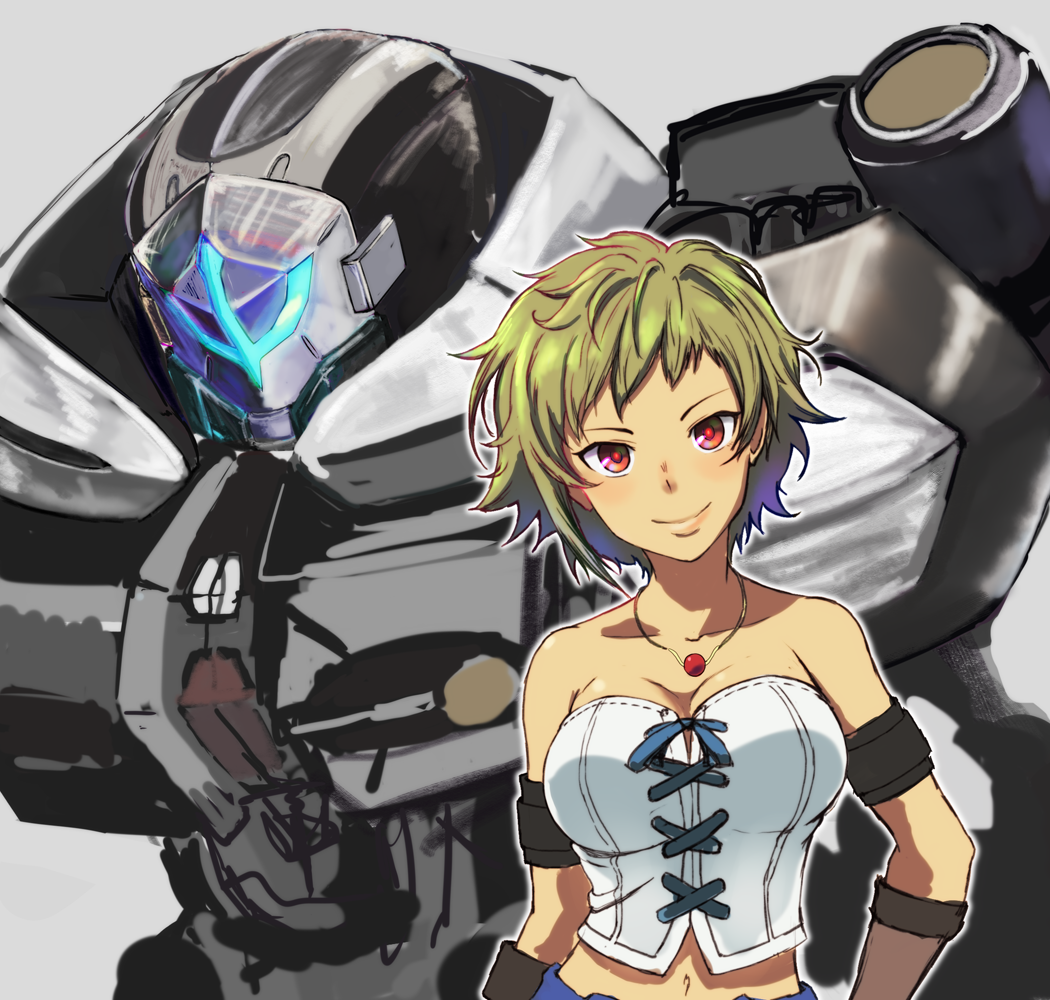 1girl asymmetrical_hair bare_shoulders blonde_hair breasts cleavage collarbone commentary helvi_oberg jewelry kimidori_yarou knight's_&amp;_magic large_breasts looking_at_viewer mecha midriff navel necklace red_eyes smile solo tan upper_body