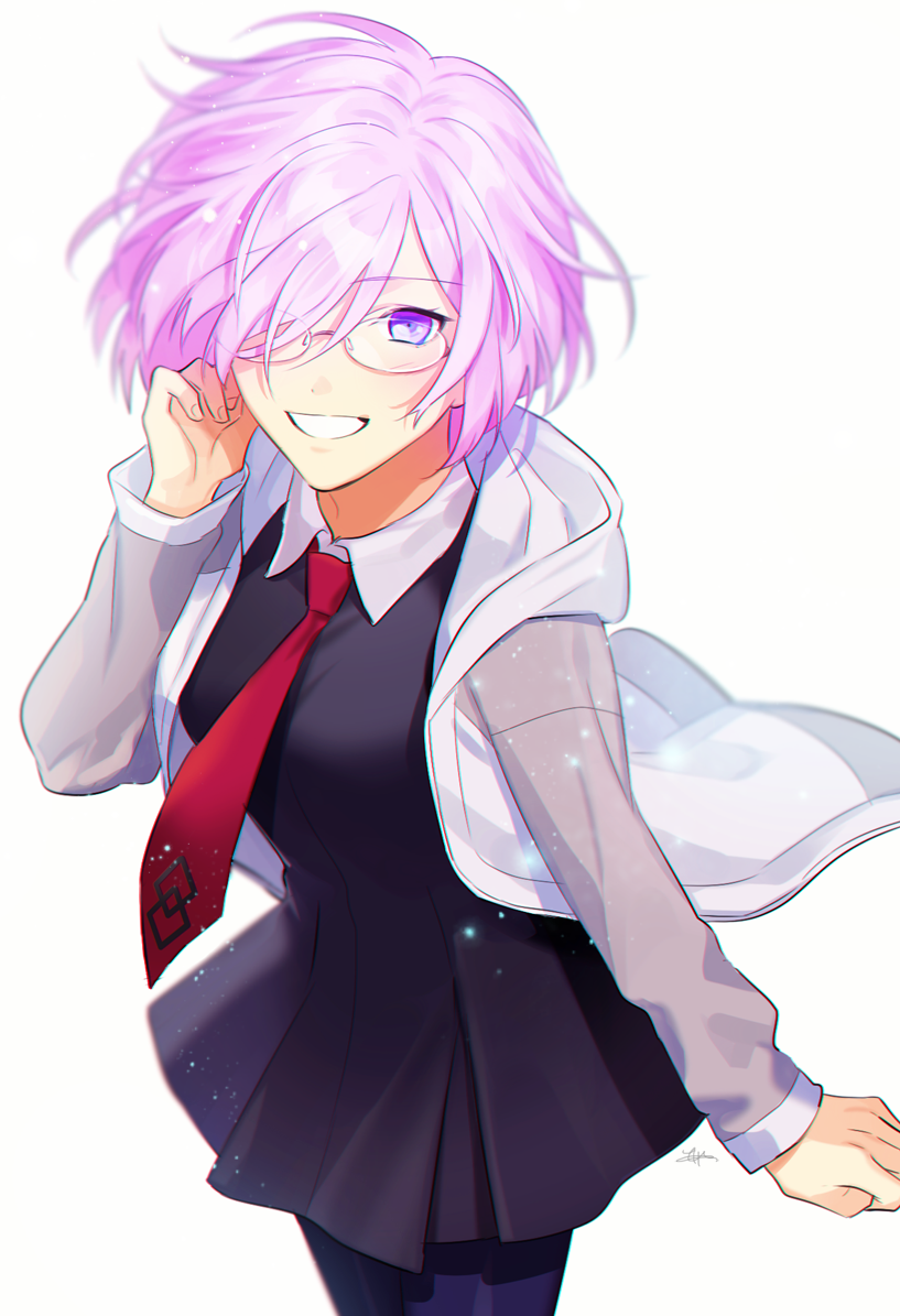 1girl black_dress blue_legwear cowboy_shot dress fate/grand_order fate_(series) glasses grey_jacket grin hair_over_one_eye hand_in_hair isamu jacket looking_at_viewer mash_kyrielight necktie open_clothes open_jacket pantyhose pink_hair pleated_dress red_neckwear rimless_eyewear short_dress short_hair signature simple_background smile solo standing violet_eyes white_background