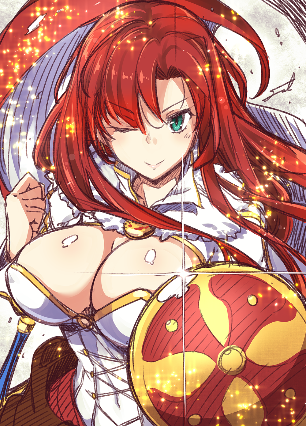 &gt;:) 1girl aqua_eyes asymmetrical_bangs bangs blush boudica_(fate/grand_order) breasts cleavage cleavage_cutout clenched_hand closed_mouth corset covered_navel fate/grand_order fate_(series) fue_(rhomphair) fur_collar glint highres large_breasts light_particles lips long_hair looking_at_viewer redhead shield shiny shiny_hair signature sketch solo upper_body v-shaped_eyebrows