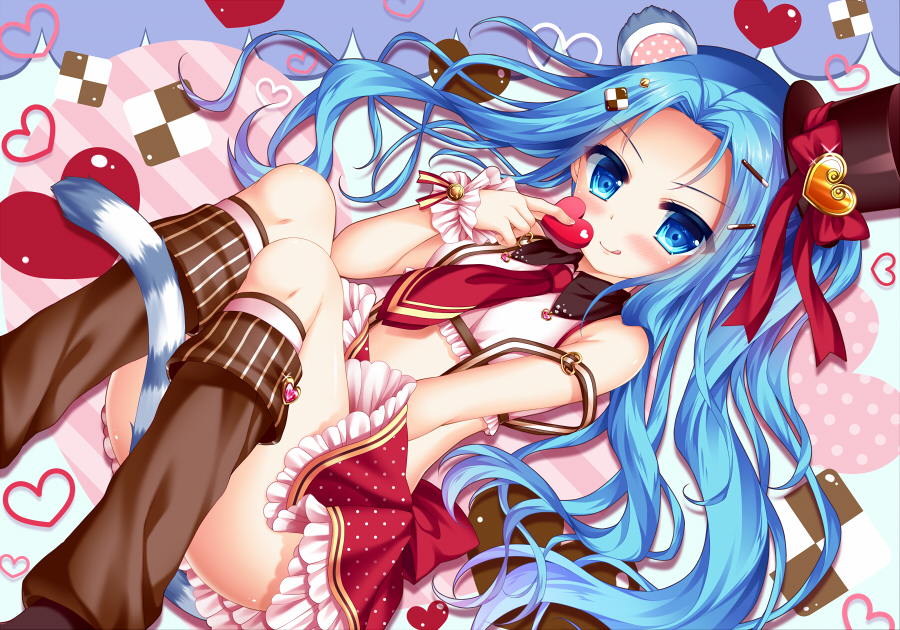 1girl :q animal_ears bare_shoulders blue_eyes blue_hair cat_ears closed_mouth convenient_leg crop_top feet_out_of_frame forehead frilled_skirt frills glint hat hat_ribbon heart holding kneehighs leg_warmers legs_up long_hair looking_at_viewer lying midriff necktie on_back original polka_dot_skirt red_neckwear red_ribbon red_skirt ribbon shiny shiny_skin shitou skirt sleeveless smile solo suspender_skirt suspenders suspenders_slip tongue tongue_out top_hat valentine very_long_hair white_legwear wing_collar wrist_cuffs