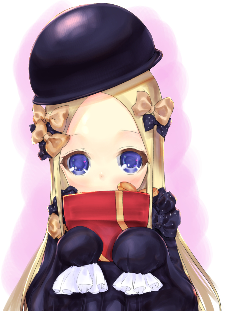 1girl abigail_williams_(fate/grand_order) awa_(rosemarygarden) bangs black_bow black_dress black_hat blonde_hair blue_eyes bow box commentary_request covered_mouth dress fate/grand_order fate_(series) forehead gift gift_box hair_bow hat holding holding_gift long_sleeves looking_at_viewer orange_bow parted_bangs polka_dot polka_dot_bow sleeves_past_fingers sleeves_past_wrists solo valentine