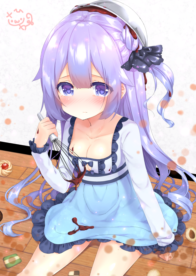 1girl alternate_costume azur_lane bangs biscuit blue_dress blush bowl breasts checkerboard_cookie chocolate cleavage closed_mouth collarbone commentary_request cookie dress eyebrows_visible_through_hair food hair_between_eyes hair_bun heart heart-shaped_pupils holding long_hair long_sleeves looking_at_viewer medium_breasts mixing_bowl nose_blush one_side_up purple_hair sawa_(sawasaku) side_bun signature sitting solo symbol-shaped_pupils tears unicorn_(azur_lane) valentine very_long_hair violet_eyes wooden_floor