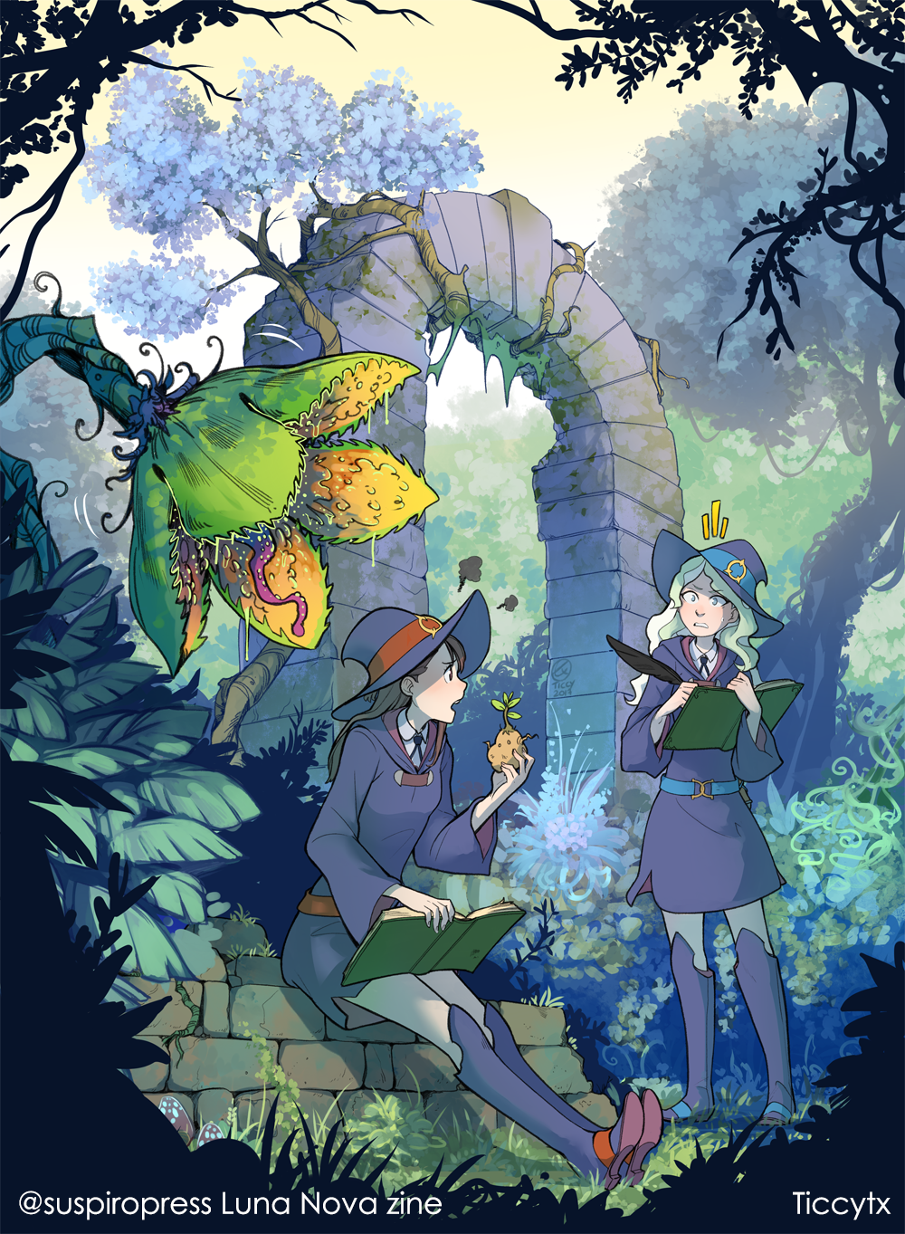 2girls book diana_cavendish forest hat highres kagari_atsuko little_witch_academia multiple_girls nature ruins school_uniform ticcy twitter_username witch_hat