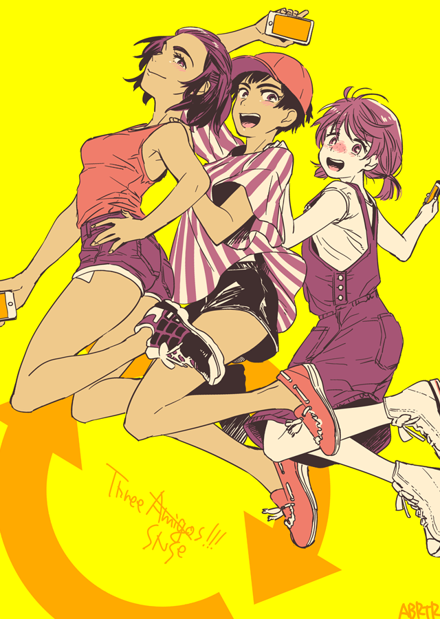 3girls :d baseball_cap black_hair brown_eyes brown_hair cellphone dark_skin denim denim_shorts directional_arrow english freckles genderswap genderswap_(mtf) hand_on_another's_shoulder hand_on_hip hat ji_guang-hong jumping leo_de_la_iglesia low_twintails multiple_girls open_mouth overalls phichit_chulanont phone shoes shorts smartphone smile sneakers twintails yukataro yuri!!!_on_ice