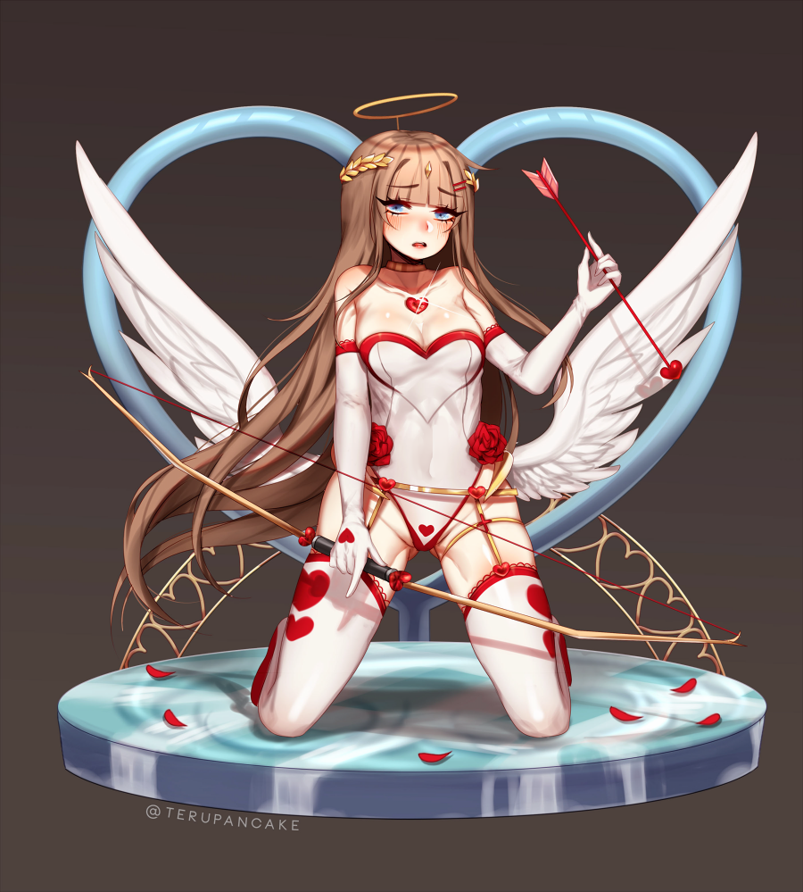 1girl arrow artist_name bare_shoulders blue_eyes blush bow_(weapon) breasts brown_hair cleavage collarbone commentary elbow_gloves eyebrows_visible_through_hair eyes_visible_through_hair feathered_wings flower gloves gluteal_fold hair_ornament hairclip halo heart heart_print kneeling laurel_crown long_hair looking_at_viewer low_wings medium_breasts original parted_lips petals solo teru_(renkyu) twitter_username very_long_hair weapon white_gloves white_wings wings