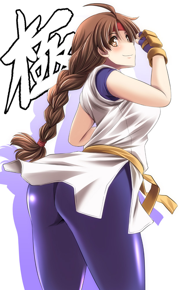 1girl ass blush braid breasts brown_eyes brown_hair clenched_hand commentary_request fingerless_gloves gloves looking_at_viewer looking_back medium_breasts ryuuko_no_ken shadow short_sleeves simple_background single_braid skin_tight smile snk solo spandex the_king_of_fighters tonpuu white_background yuri_sakazaki