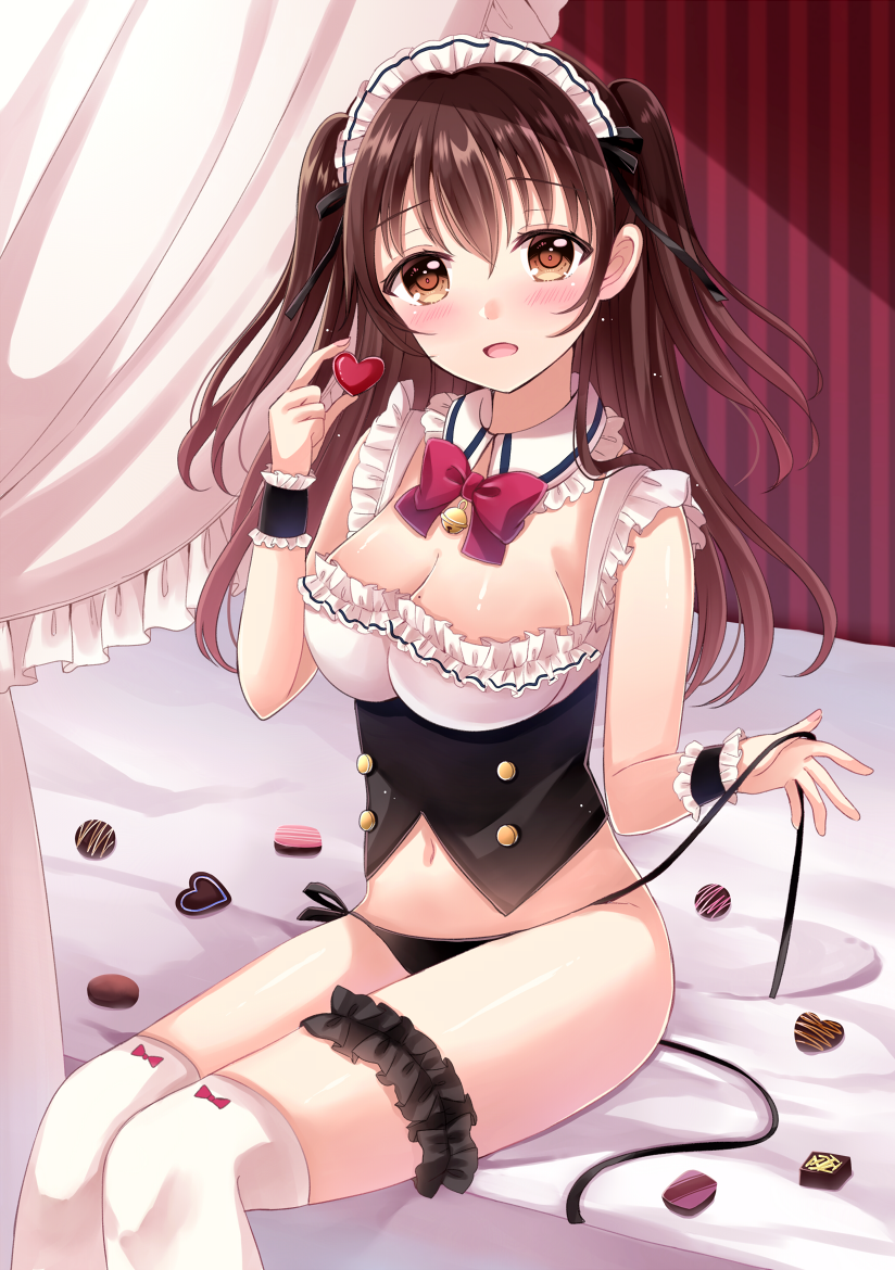 1girl :d bangs bed bell black_panties black_ribbon blush breasts brown_eyes brown_hair canopy_bed chocolate chocolate_heart cleavage collar commentary_request detached_collar eyebrows_visible_through_hair fingernails frilled_collar frills hair_between_eyes head_tilt heart holding holding_heart jingle_bell leg_garter long_hair looking_at_viewer maid maid_headdress medium_breasts nail_polish navel on_bed open_mouth original panties pink_nails ribbon sakura_hiyori side-tie_panties sitting sitting_on_bed sleeveless smile solo thigh-highs two_side_up underbust underwear untied untied_panties valentine white_collar white_legwear wrist_cuffs