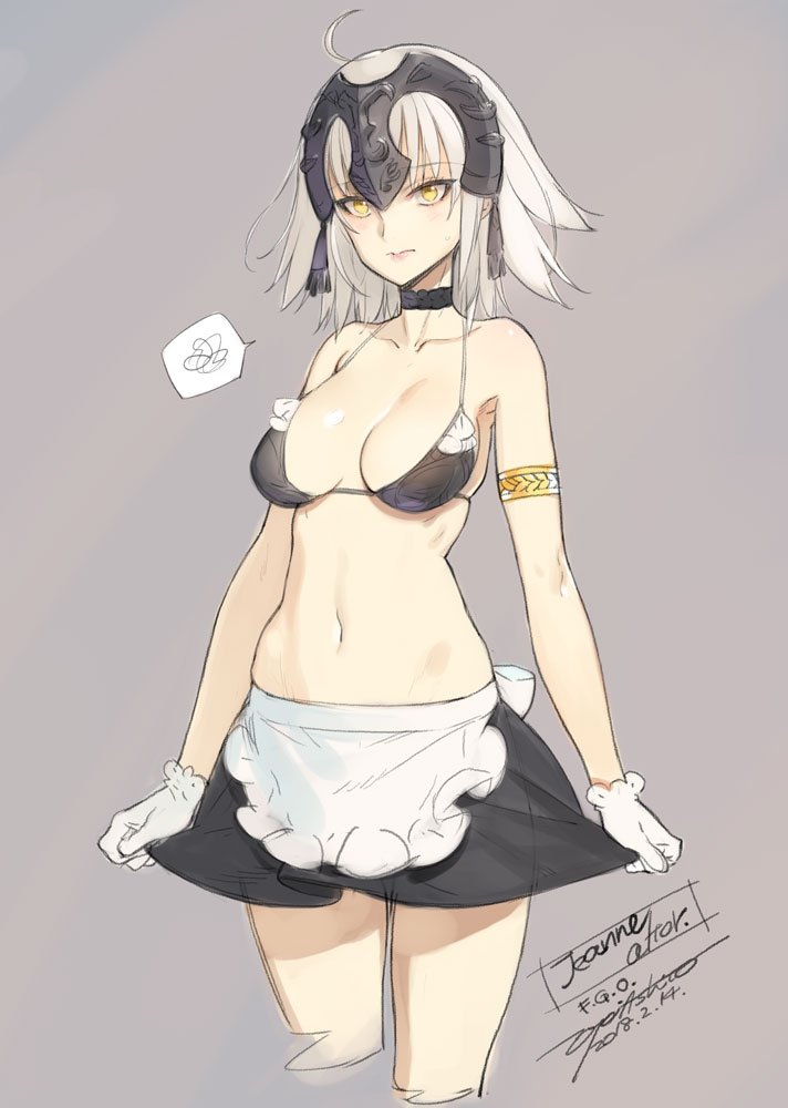 1girl ahoge alternate_costume armlet breasts choker commentary_request enmaided fate/grand_order fate_(series) gloves headpiece jeanne_d'arc_(alter)_(fate) jeanne_d'arc_(fate)_(all) maid medium_breasts navel ooyari_ashito short_hair silver_hair sketch solo spoken_squiggle squiggle white_gloves yellow_eyes