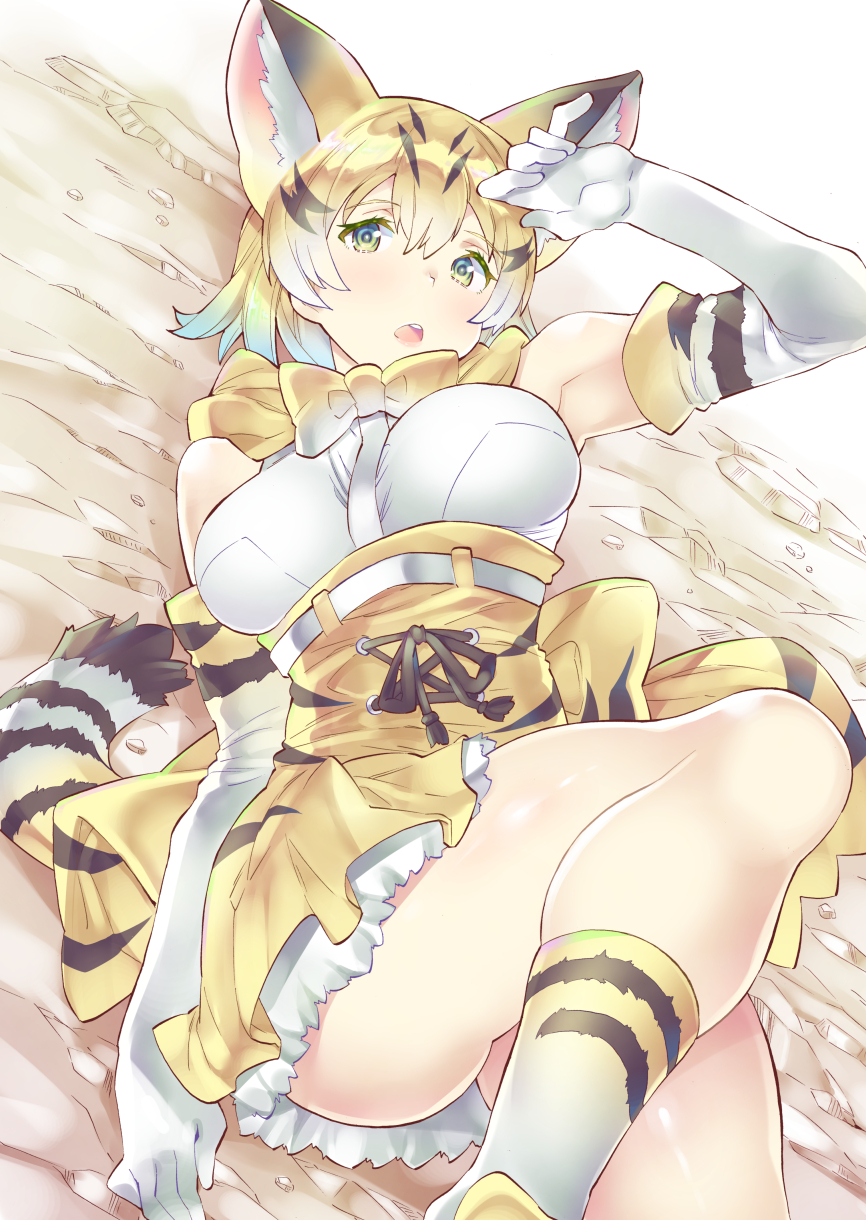 1girl animal_ears blonde_hair bow bowtie breasts cat_ears cat_tail commentary_request elbow_gloves eyebrows_visible_through_hair gloves high-waist_skirt highres kemono_friends lace-up legs looking_at_viewer lying medium_breasts miniskirt on_back open_mouth sand_cat_(kemono_friends) short_hair skindentation skirt sleeveless solo striped_tail tail takano_itsuki thighs white_belt white_gloves white_legwear yellow_eyes yellow_neckwear yellow_skirt