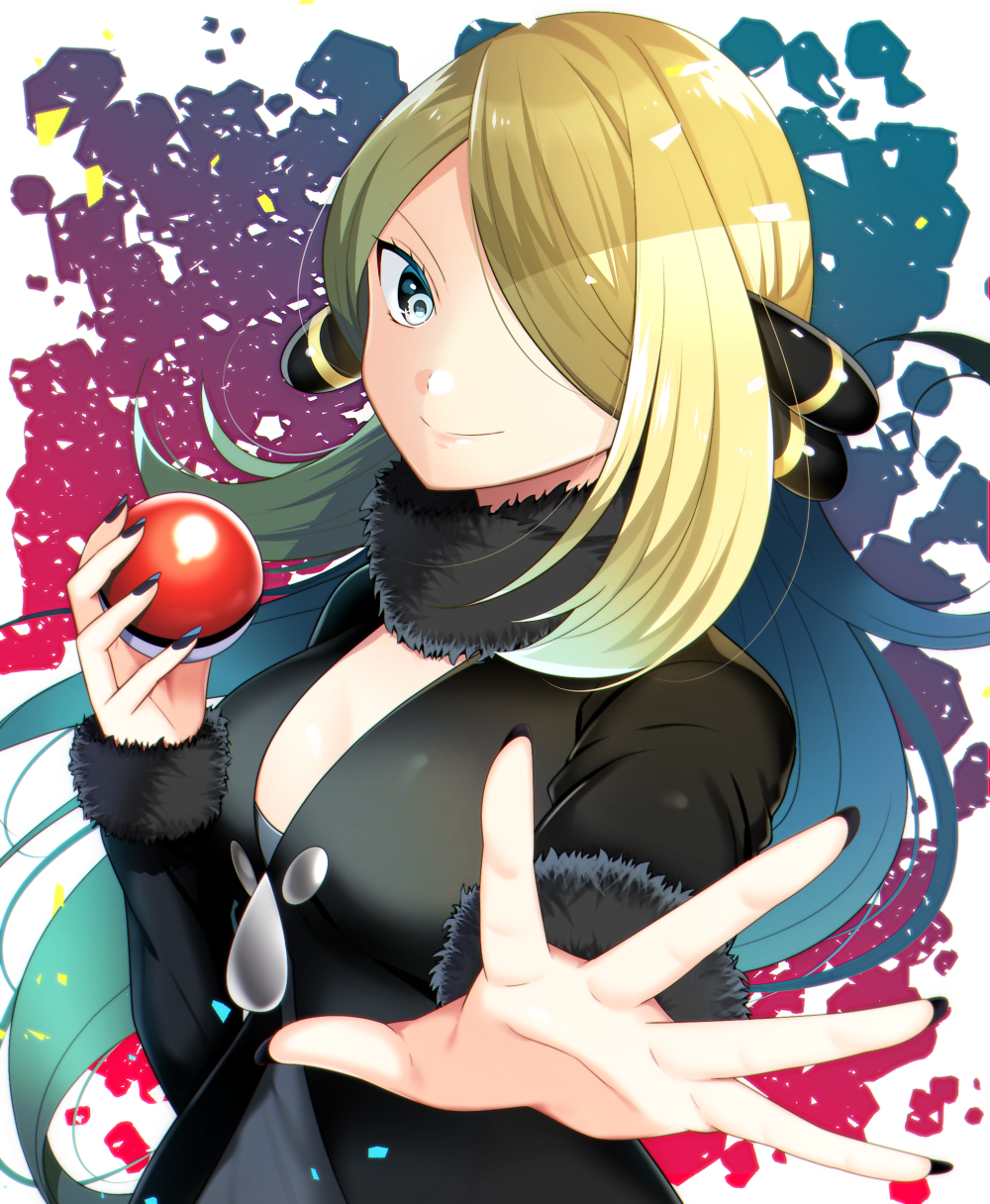 1girl black_nails blonde_hair blue_eyes blue_hair breasts floating_hair hair_over_one_eye highres holding holding_poke_ball long_hair looking_at_viewer medium_breasts multicolored_hair nail_polish outstretched_arm poke_ball pokemon shirona_(pokemon) smile solo two-tone_hair upper_body very_long_hair yuihiko