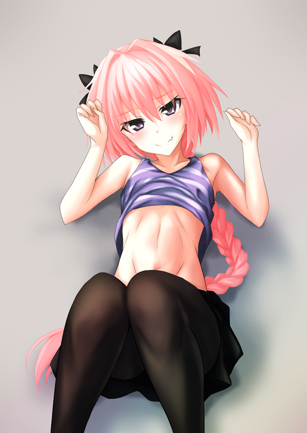 1boy astolfo_(fate) black_bow black_ribbon bow braid fang fate/apocrypha fate_(series) hair_intakes hair_ribbon long_braid looking_at_viewer male_focus midriff multicolored_hair nu_(plastic_eraser) pantyhose pink_hair ribbon single_braid streaked_hair trap violet_eyes