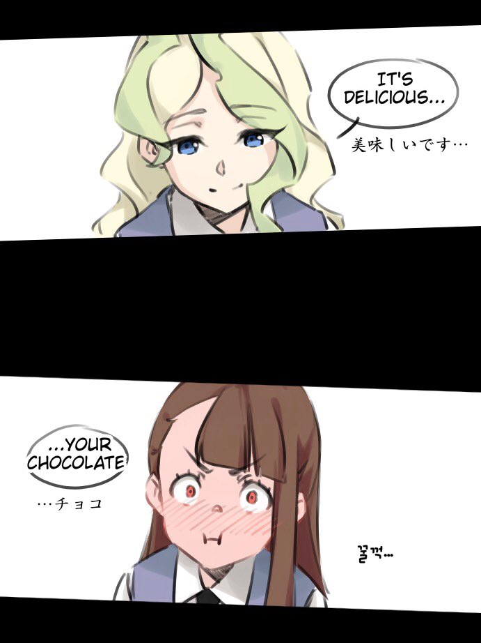 2girls blonde_hair blue_eyes blush brown_eyes brown_hair diana_cavendish english kagari_atsuko little_witch_academia multiple_girls seren_lwa smile valentine yuri