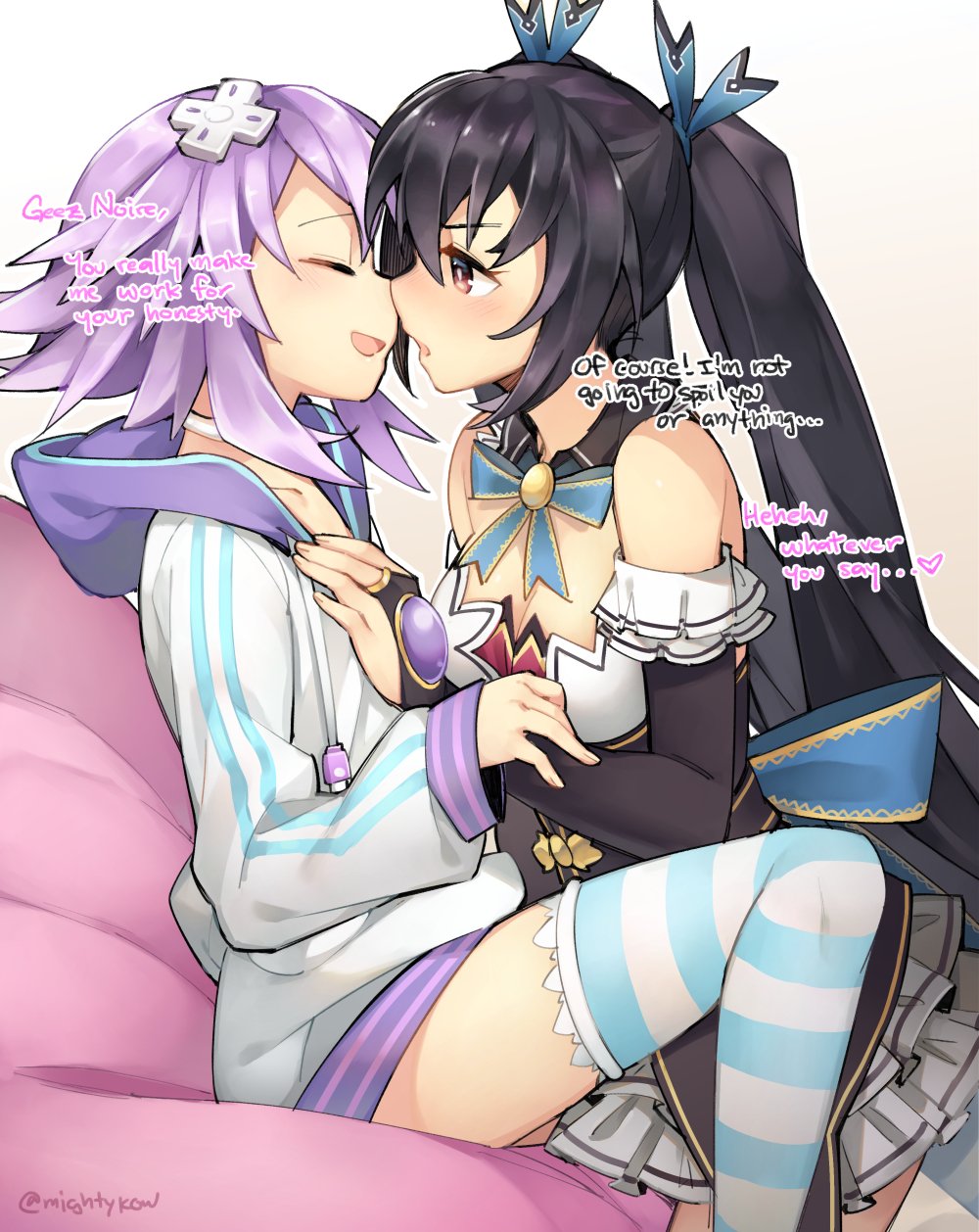 2girls bare_shoulders between_legs black_hair blue_ribbon blush breasts choker cleavage closed_eyes d-pad d-pad_hair_ornament detached_collar detached_sleeves english gebyy-terar hair_ribbon hand_on_another's_chest highres hood hooded_jacket imminent_kiss jacket long_hair medium_breasts multiple_girls neptune_(choujigen_game_neptune) neptune_(series) noire open_mouth purple_hair red_eyes ribbon ribbon-trimmed_skirt ribbon_trim short_hair skirt small_breasts striped striped_legwear thigh-highs twintails very_long_hair white_choker white_skirt yuri