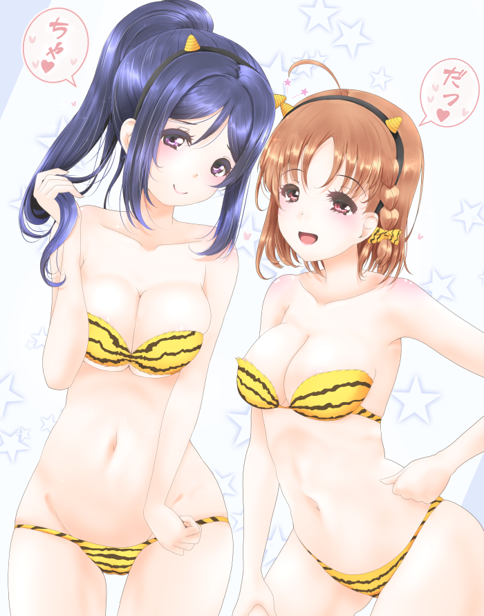 2girls ahoge armpits bangs bare_arms bare_shoulders bikini black_hairband bow braid breasts cleavage collarbone cowboy_shot frapowa groin hair_bow hairband hand_on_hip heart holding holding_hair horns leaning_forward legs_apart long_hair looking_at_viewer love_live! love_live!_sunshine!! matsuura_kanan medium_breasts military military_uniform multiple_girls naval_uniform navel orange_hair parted_bangs ponytail purple_hair red_eyes side_braid sidelocks speech_bubble standing stomach strapless strapless_bikini striped striped_bikini swimsuit takami_chika translation_request under_boob underwear uniform violet_eyes yellow_bikini yellow_bow