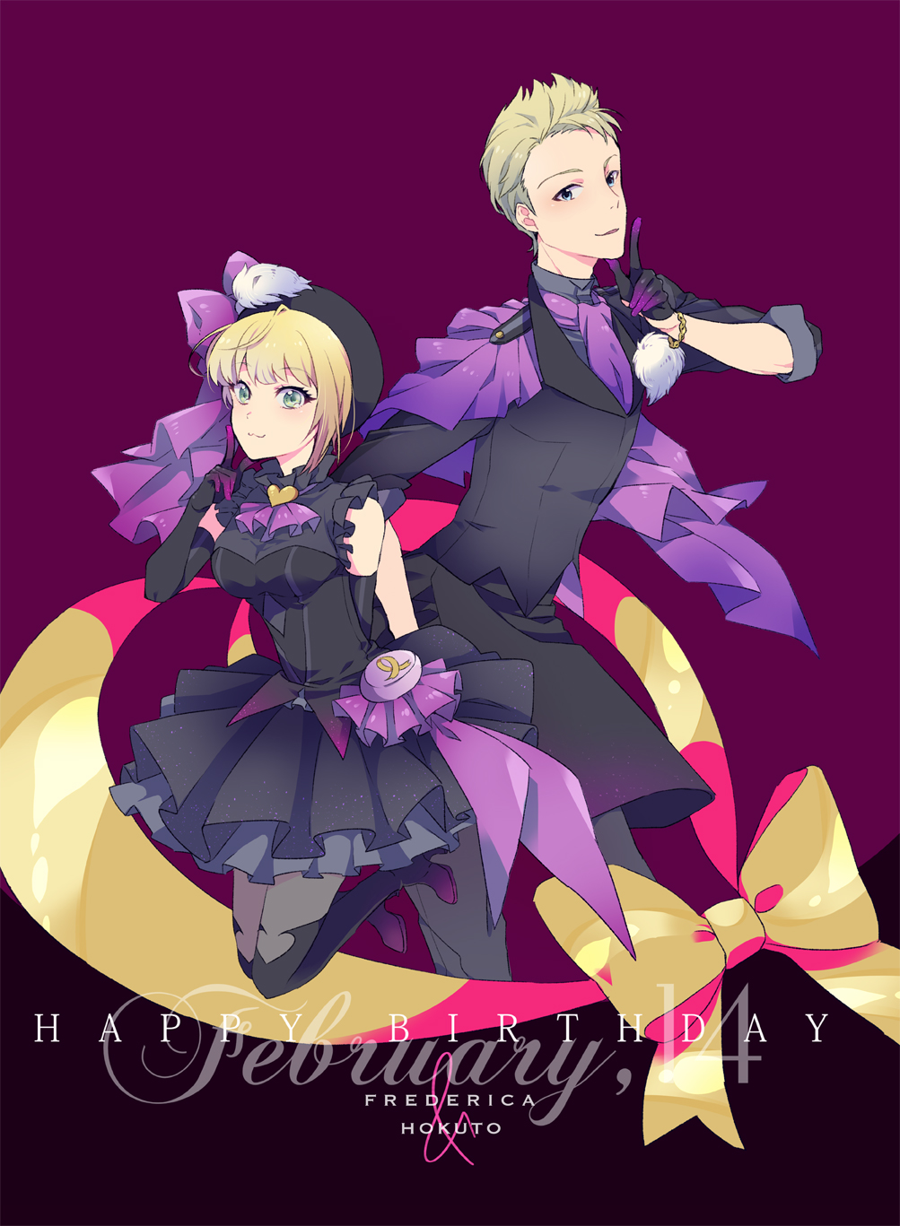 1boy 1girl :3 ascot black_dress black_gloves blonde_hair blue_eyes bonnet boots bow bracelet breasts capelet character_name collar commentary_request dated dress elbow_gloves finger_to_cheek formal frilled_collar frilled_sleeves frills gloves green_eyes happy_birthday heart high_heel_boots high_heels highres idolmaster idolmaster_cinderella_girls idolmaster_side-m ijuuin_hokuto jewelry looking_at_viewer medium_breasts miyamoto_frederica pom_pom_(clothes) purple_background reo_(pixiv_1466910) ribbon short_hair short_sleeves simple_background smile suit