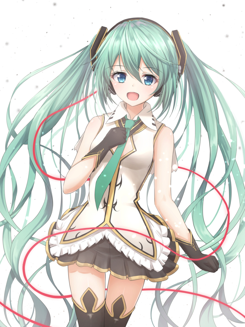 1girl :d akira_(been0328) bangs black_gloves black_legwear black_skirt blue_eyes blush breasts collared_shirt commentary_request dutch_angle eyebrows_visible_through_hair gloves green_hair green_neckwear hair_between_eyes hair_ornament hand_on_own_chest hatsune_miku long_hair looking_at_viewer medium_breasts necktie open_mouth pleated_skirt shirt skirt sleeveless sleeveless_shirt smile solo thigh-highs twintails very_long_hair vocaloid white_background white_shirt