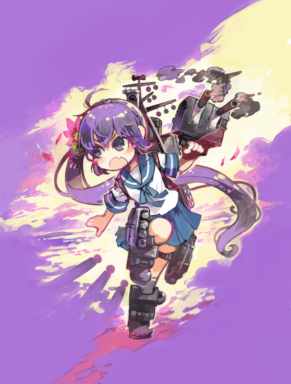 1girl akebono_(kantai_collection) bell black_legwear blue_sailor_collar blue_skirt cannon flower full_body hair_bell hair_flower hair_ornament highres jingle_bell kantai_collection kneehighs konno_takashi long_hair machinery open_mouth pleated_skirt purple_background purple_hair sailor_collar school_uniform serafuku short_sleeves side_ponytail skirt smoke solo turret very_long_hair violet_eyes