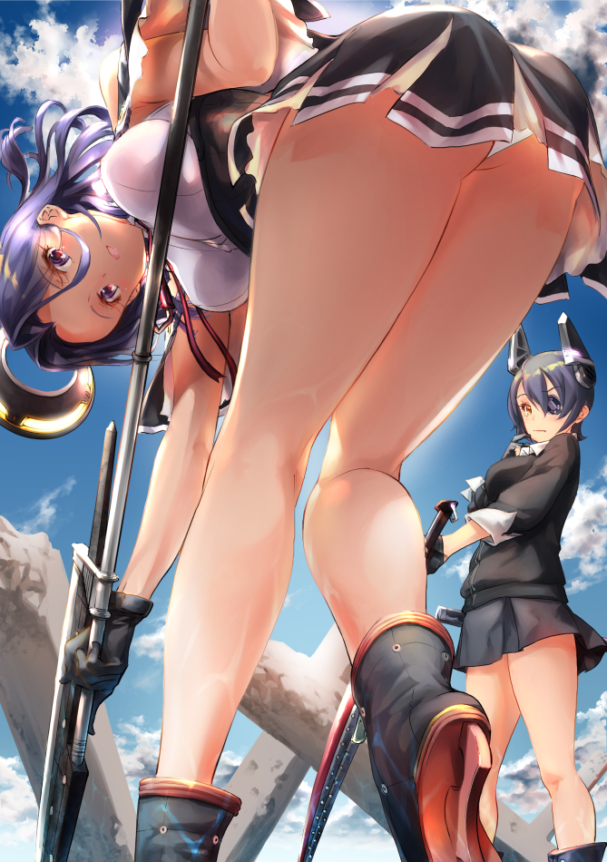 2girls :d ankle_boots ass bare_legs bent_over black_footwear black_gloves black_skirt blue_sky blush boots closed_mouth clouds day eyepatch feet_out_of_frame finger_to_mouth from_below gloves hair_between_eyes headgear high-waist_skirt holding holding_sword holding_weapon kantai_collection kneepits leg_up legs looking_at_viewer looking_back mechanical_halo miniskirt multiple_girls necktie one_eye_covered open_mouth outdoors panties pantyshot pantyshot_(standing) polearm purple_hair remodel_(kantai_collection) short_hair skirt sky sleeves_past_wrists smile standing standing_on_one_leg sword tenryuu_(kantai_collection) thighs underwear weapon white_panties yanta55