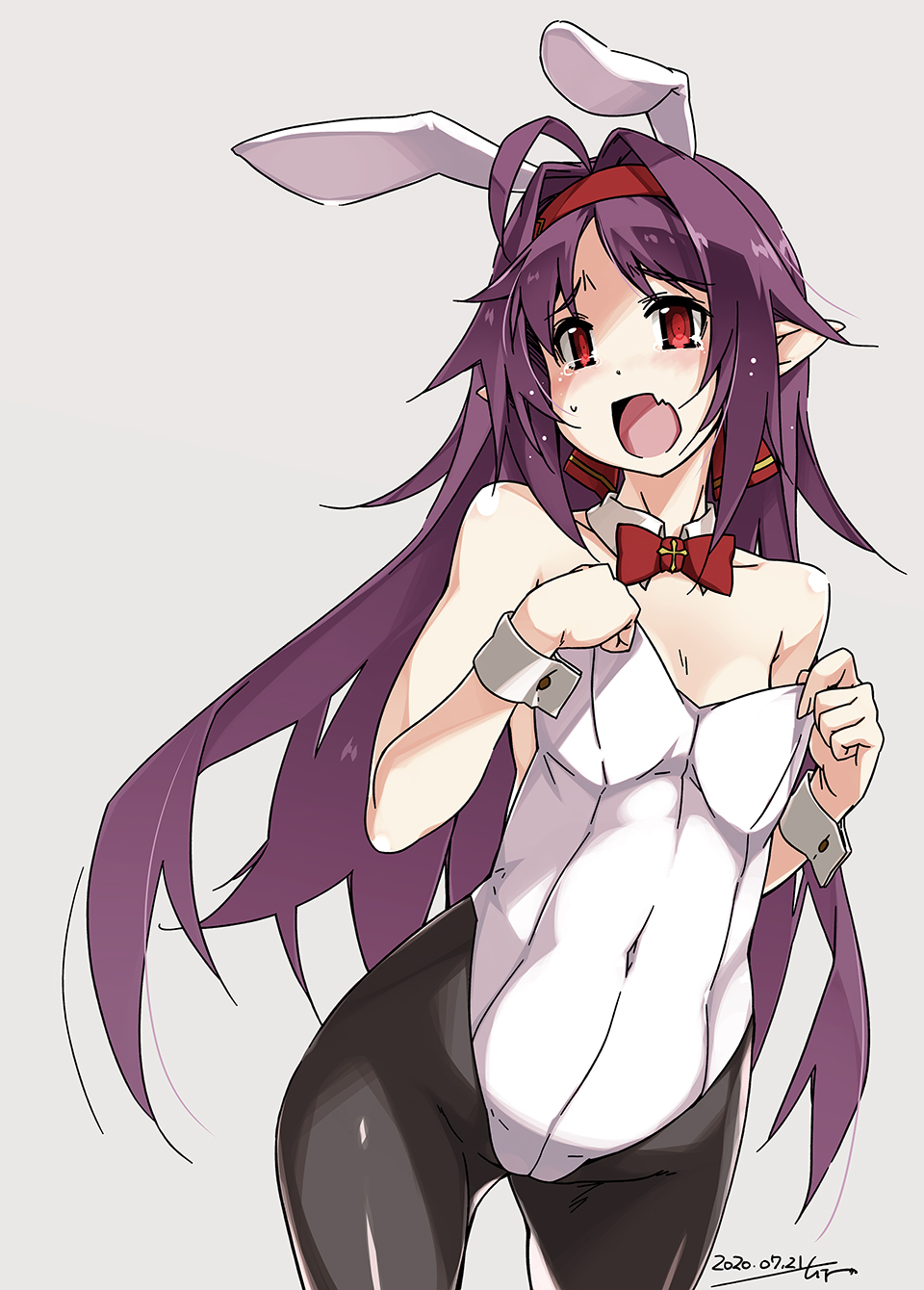 1girl animal_ears ass_visible_through_thighs black_legwear bow bowtie bunny_girl bunnysuit covered_navel cowboy_shot detached_collar fang flat_chest grey_background hairband highres leotard long_hair looking_to_the_side open_mouth pantyhose pointy_ears purple_hair purple_leotard rabbit_ears red_eyes red_hairband red_neckwear shikei simple_background skin_fang solo strapless strapless_leotard sword_art_online white_leotard wrist_cuffs yuuki_(sao)