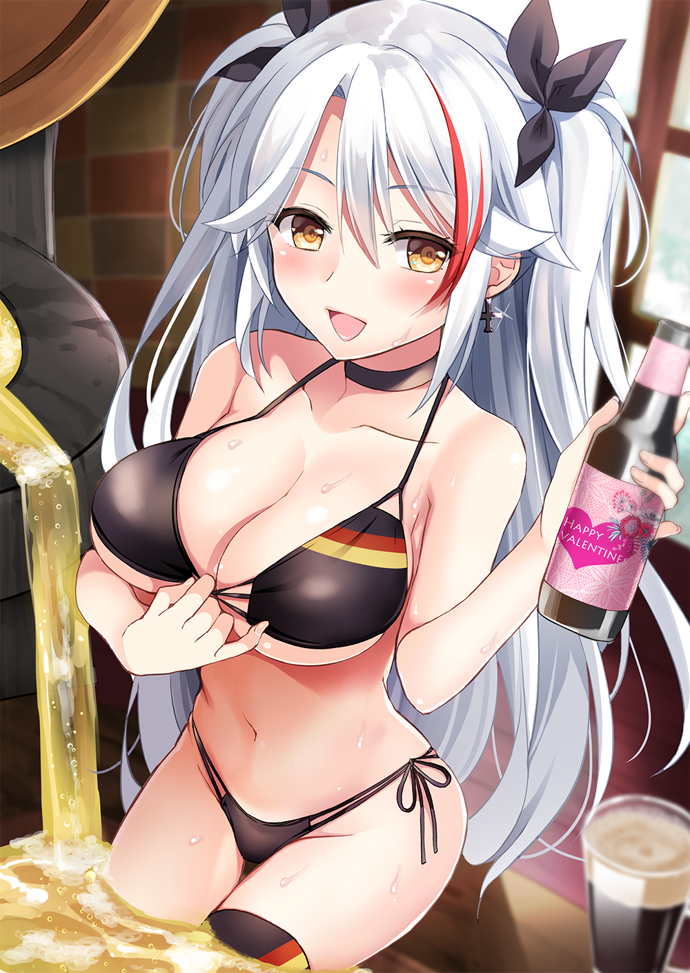 1girl :d alcohol azur_lane bangs bare_arms bare_shoulders beer beer_mug bikini bikini_pull black_bikini black_ribbon blush bottle breasts cleavage collarbone cross cross_earrings earrings eyebrows_visible_through_hair flag_print german_flag german_flag_bikini groin hair_ornament happy_valentine heart_hair_ornament highres holding holding_bottle ikura_nagisa indoors jewelry large_breasts long_hair looking_at_viewer multicolored_hair navel open_mouth prinz_eugen_(azur_lane) redhead ribbon side-tie_bikini silver_hair smile solo stomach straight_hair streaked_hair sweat swimsuit teasing thigh_gap two_side_up very_long_hair wading window yellow_eyes