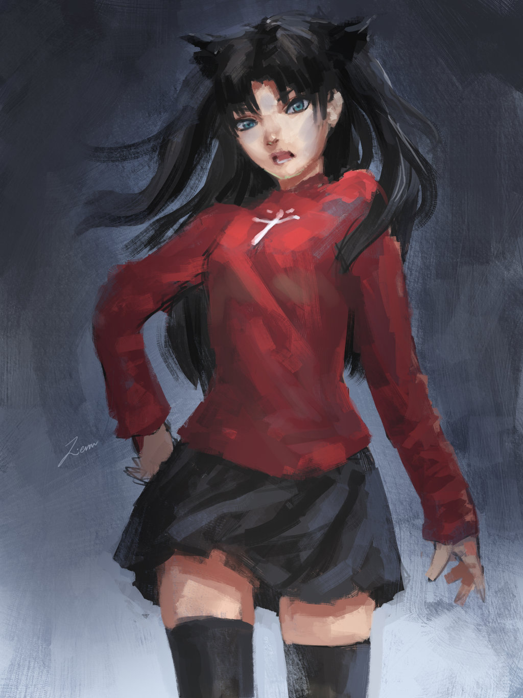 1girl artist_name black_hair black_legwear black_skirt blue_eyes disgust fate/stay_night fate_(series) highres long_sleeves looking_at_viewer open_mouth signature skirt solo thigh-highs tohsaka_rin two_side_up zettai_ryouiki zienu